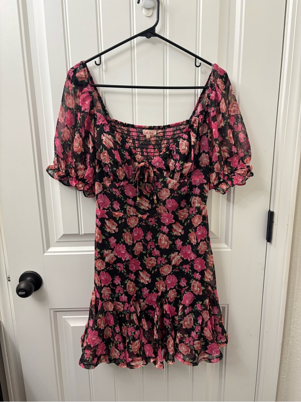 Floral Puff-Sleeve Mini Dress in Black and Pink